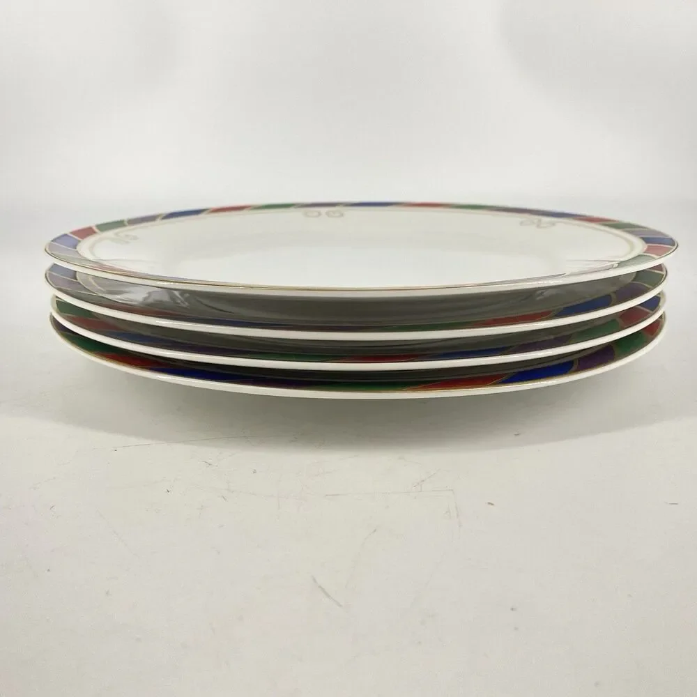 Set of 4 Pier 1 Celebration 10.5” Porcelain Dinner Plates Multicolor Rim NEW